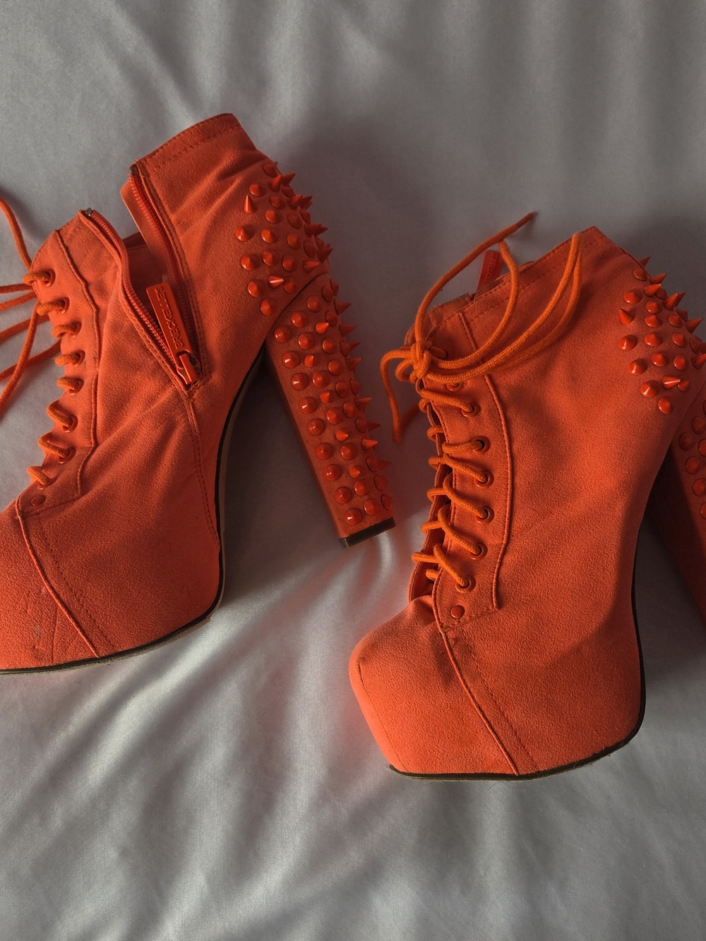 Women’s Spiked Platform Lace-Up Booties in Bright Orange
